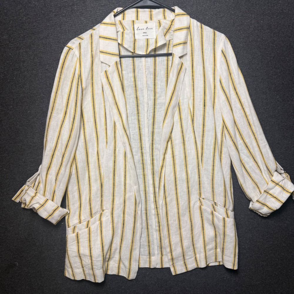 Womens Small Linen Striped Open Front Blazer Butter Yellow Preppy lightweight